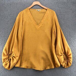 Anthropologie Aunt Wanda Blouse Womens Small Yellow Long Balloon Sleeve Shimmer*